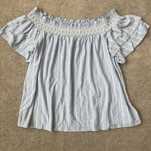 American Eagle Shirt Womens Medium Light Blue White Off Shoulder Casual Blouse